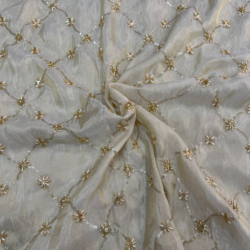 White & Golden Beads Geometric Handwork Dyeable Embroidered Viscose Tissue Silk Fabric