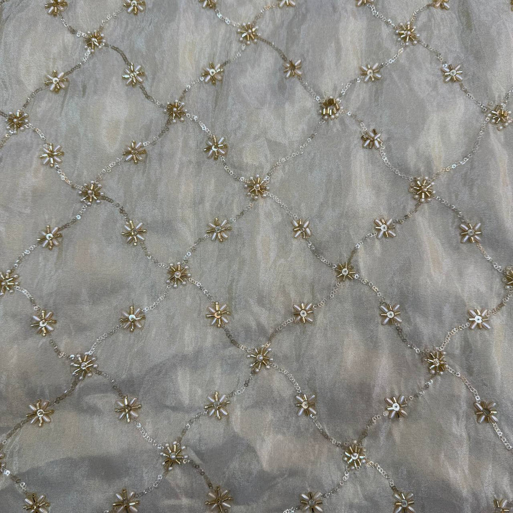 White & Golden Beads Geometric Handwork Dyeable Embroidered Viscose Tissue Silk Fabric