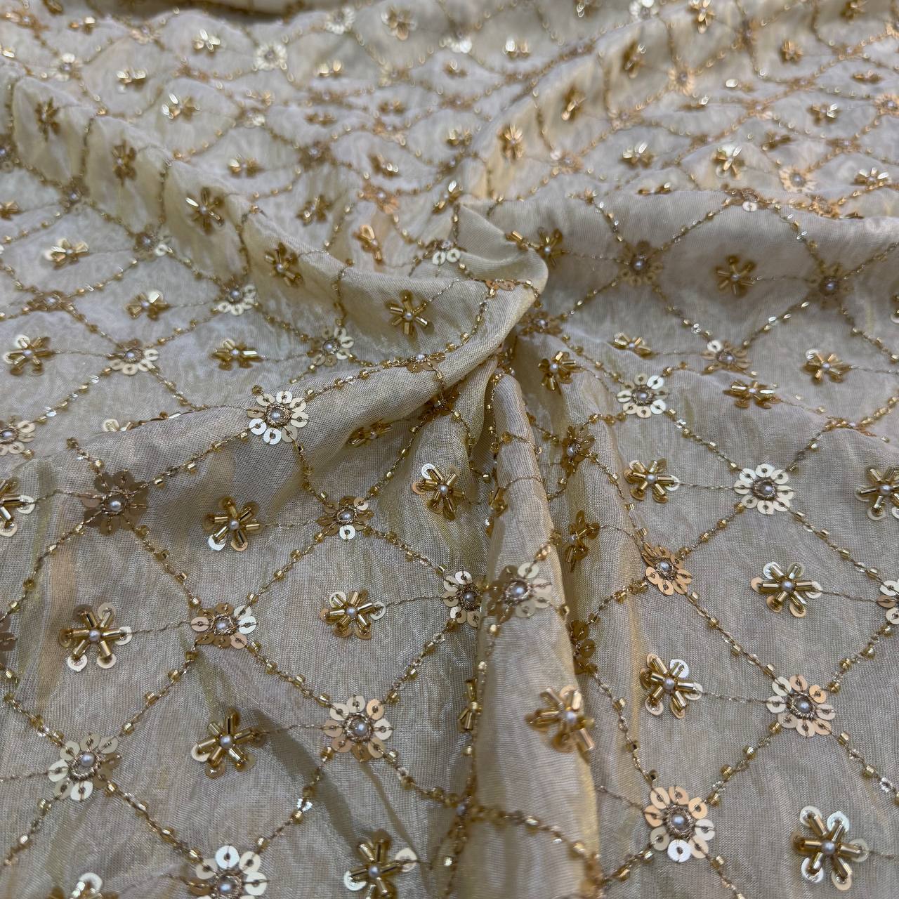White & Golden Beads Geometric Handwork Dyeable Embroidered Viscose Tissue Silk Fabric