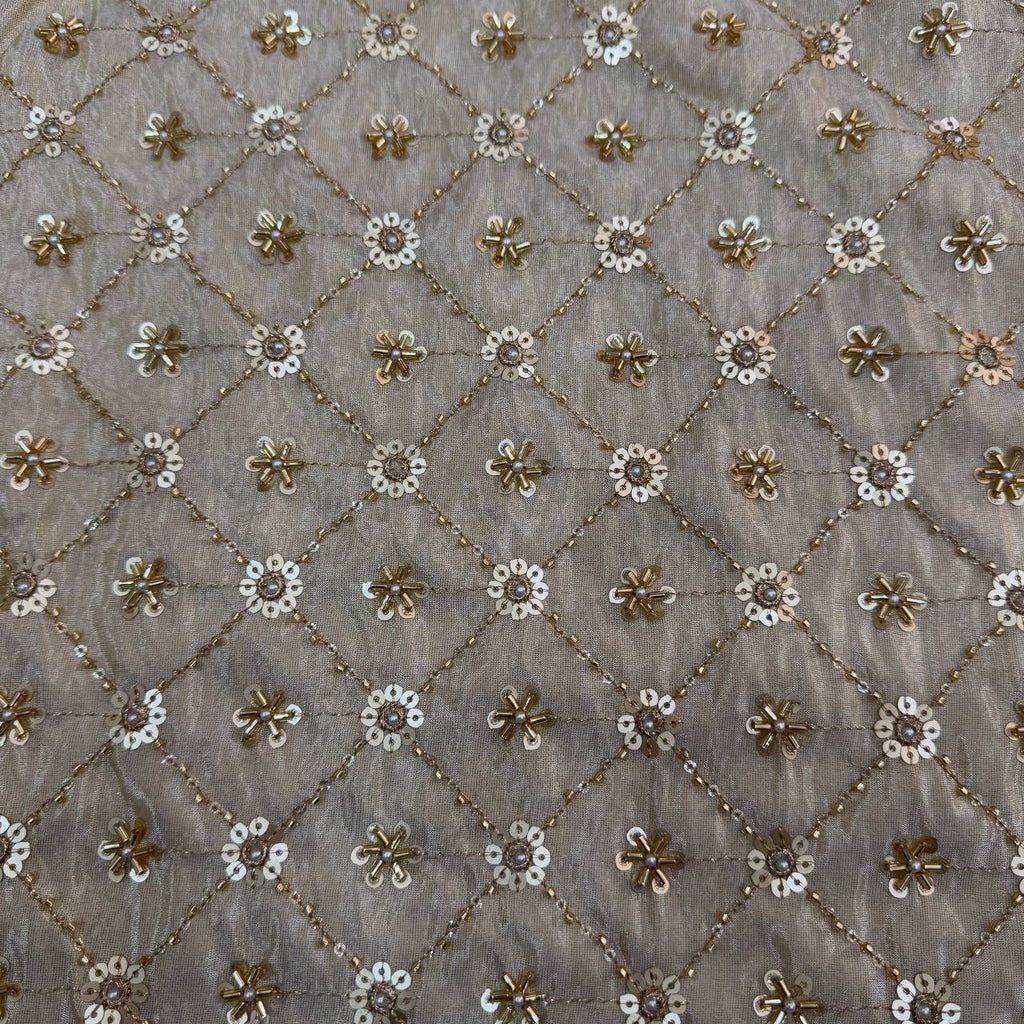 White & Golden Beads Geometric Handwork Dyeable Embroidered Viscose Tissue Silk Fabric