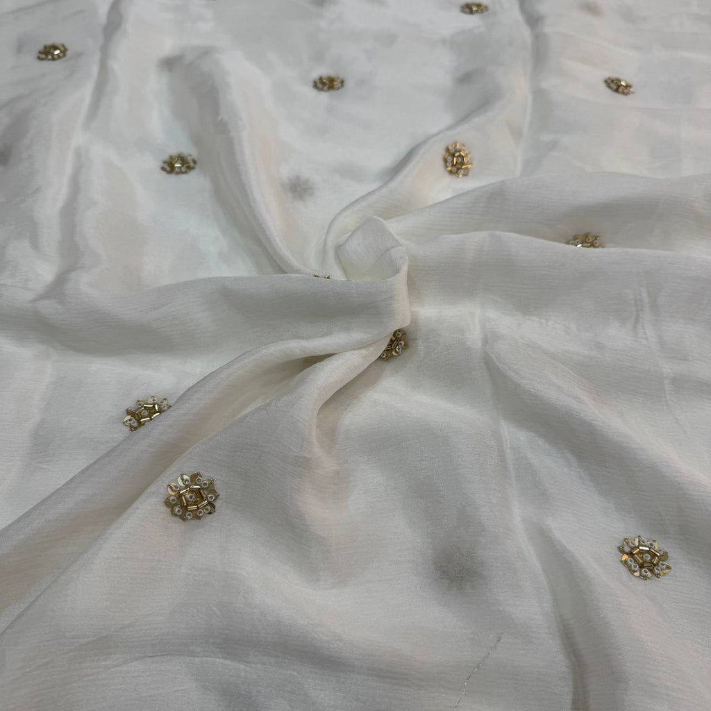 White & Golden Flower Butti Dyeable Beads Embroidered Viscose Chinon Chiffon Fabric