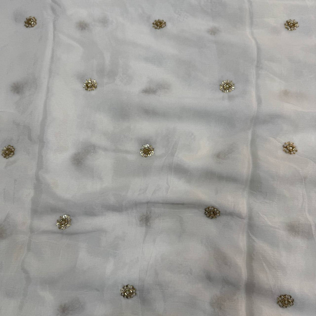 White & Golden Flower Butti Dyeable Beads Embroidered Viscose Chinon Chiffon Fabric