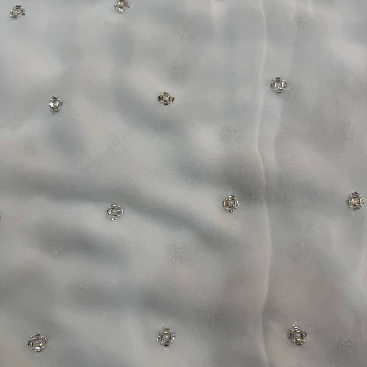 White Geometric Dyeable Sequins & Beads Embroidered Butti Work Viscose Georgette Fabric