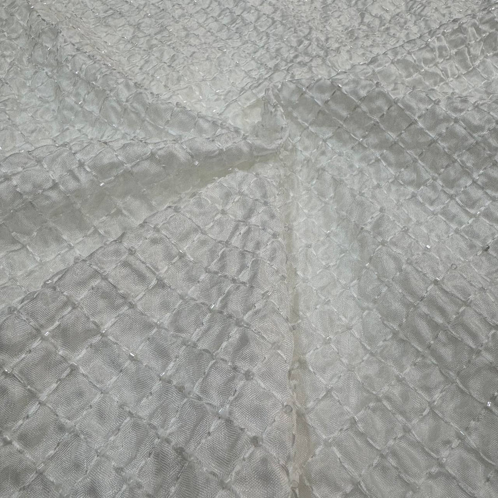 White Dyeable Geomatric Beads Embroidered Viscose Uppada Silk Fabric