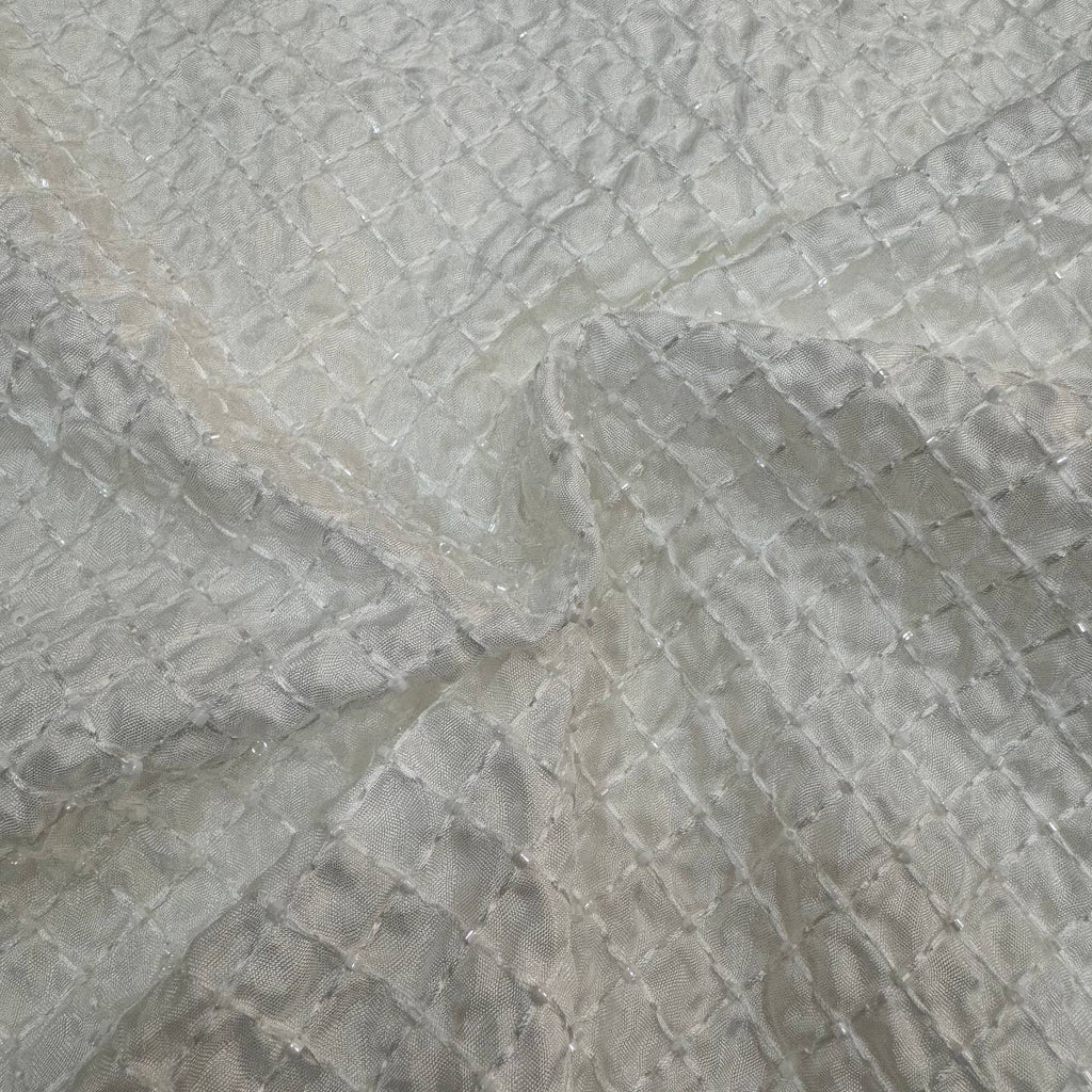 White Dyeable Geomatric Beads Embroidered Viscose Uppada Silk Fabric