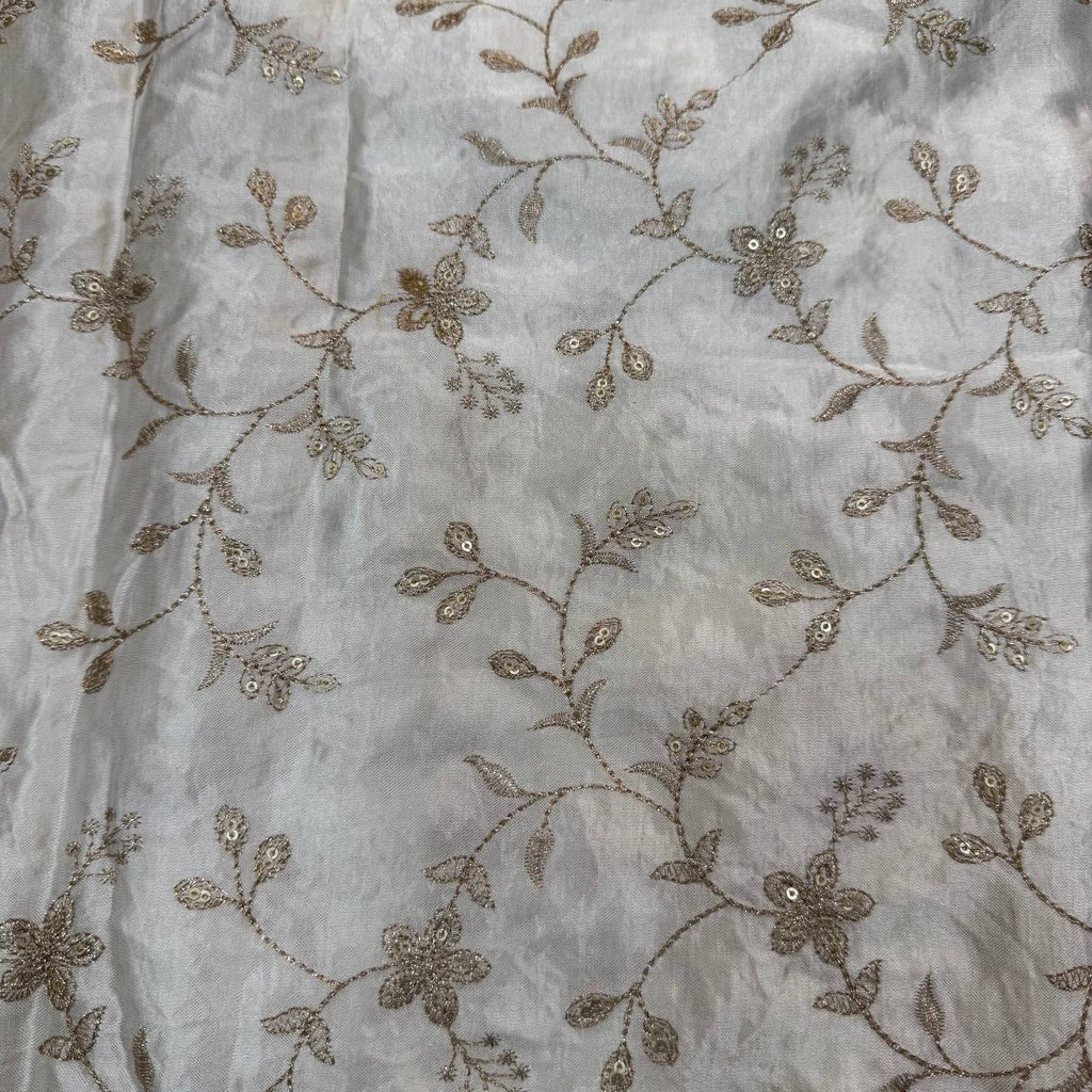 White & Golden Floral Dyeable Embroidered Viscose Gaji Silk Fabric