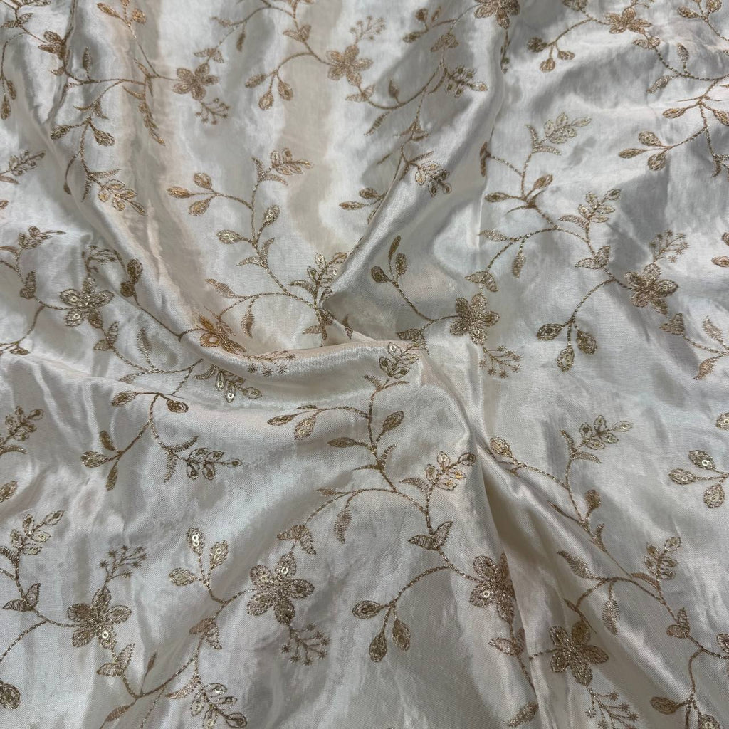 White & Golden Floral Dyeable Embroidered Viscose Gaji Silk Fabric