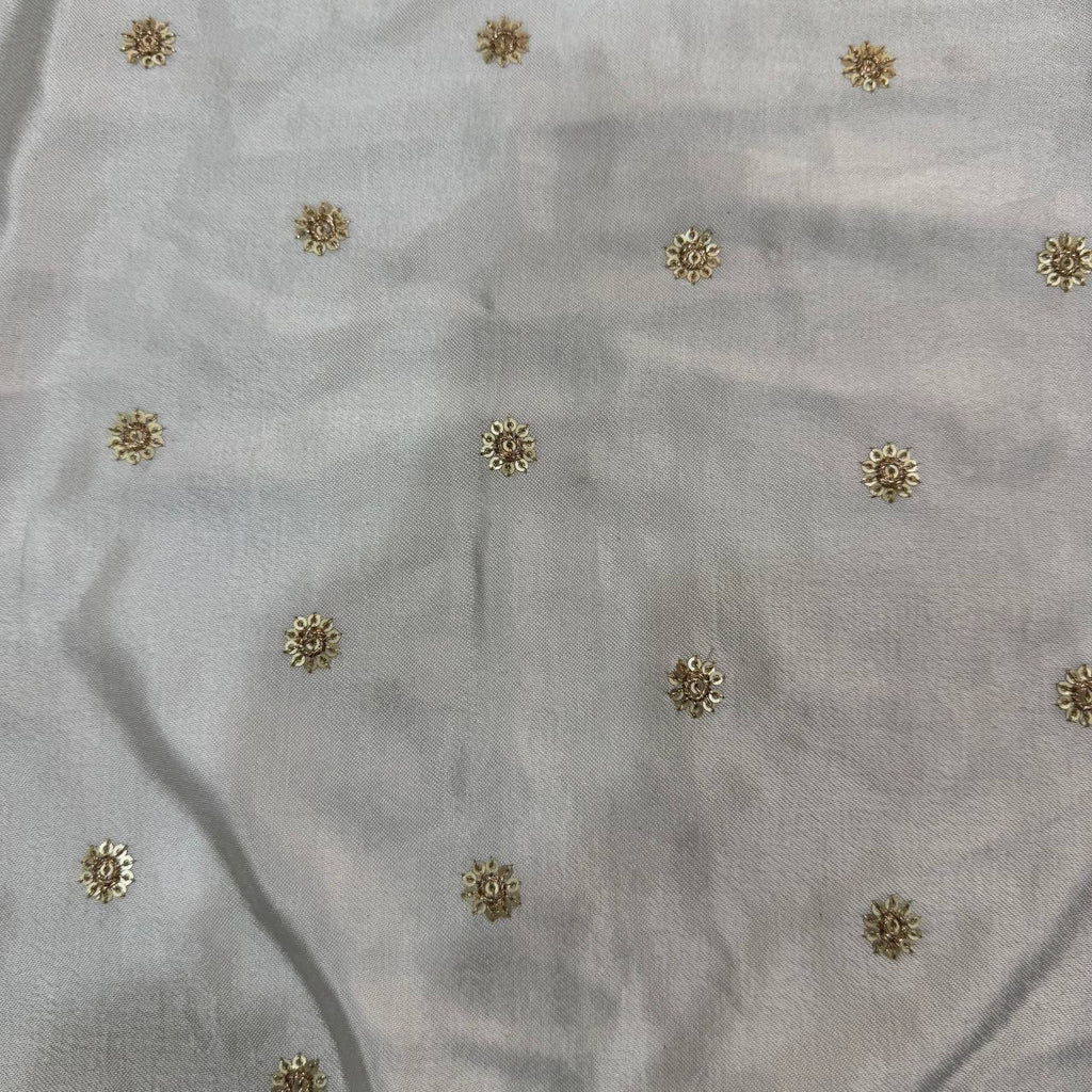 White Dyeable Flower Butti Embroidered Viscose Gaji Silk Fabric