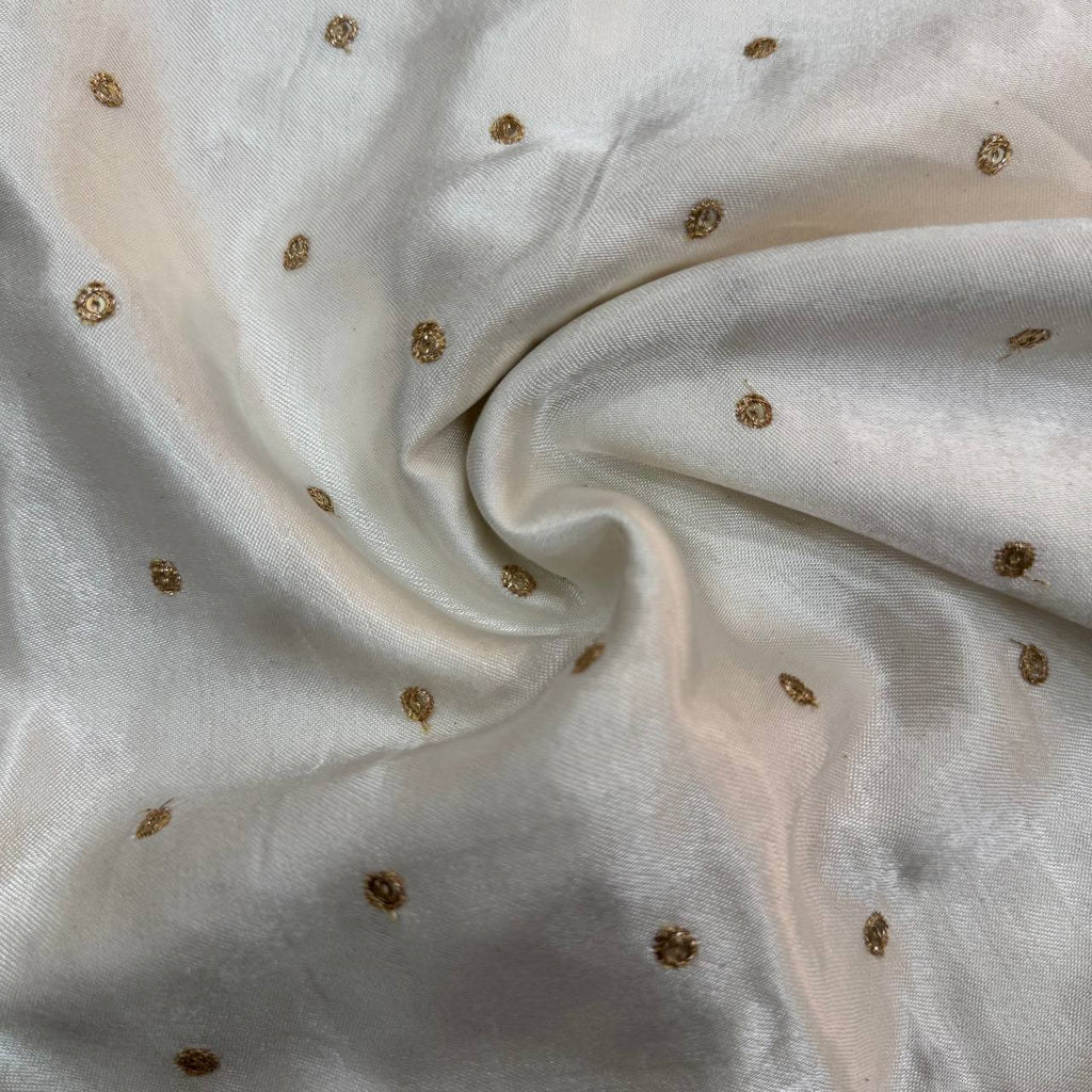 White Dyeable Polka Butti Embroidered Viscose Gaji Silk Fabric