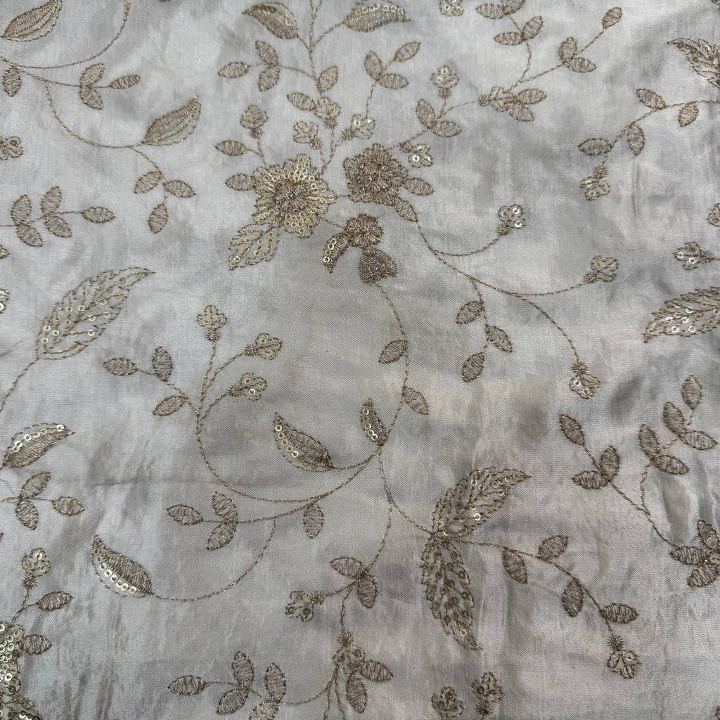 White & Golden Floral Dyeable Embroidered Viscose Gaji Silk Fabric
