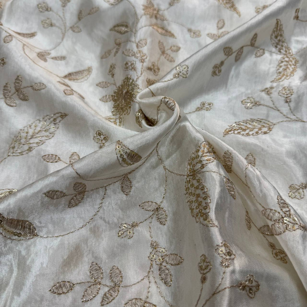 White & Golden Floral Dyeable Embroidered Viscose Gaji Silk Fabric