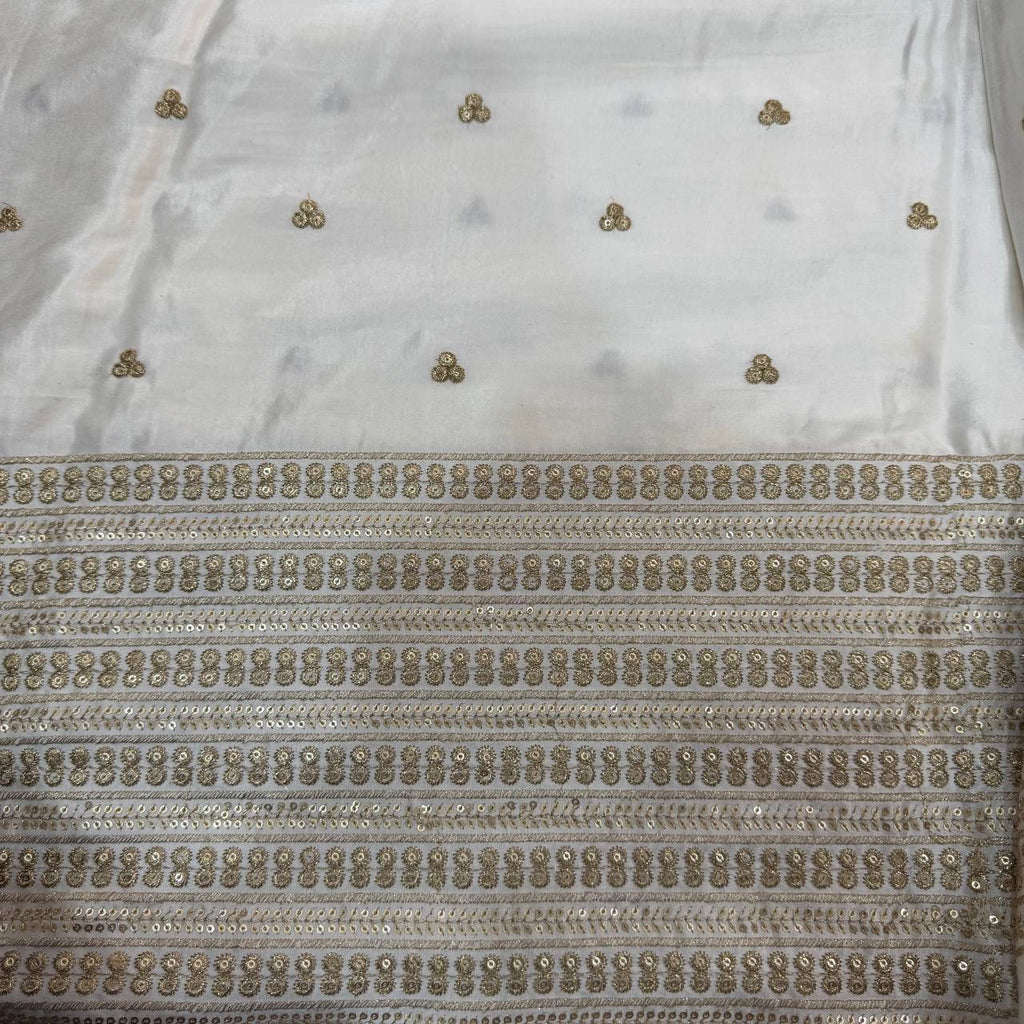 White & Golden Floral Dyeable Embroidered Panel Work Viscose Gaji Silk Fabric