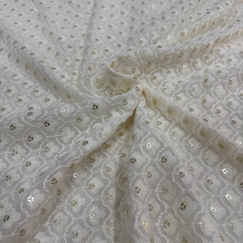 White Dyeable Lakhnavi Floral Embroidered Viscose Georgette Fabric