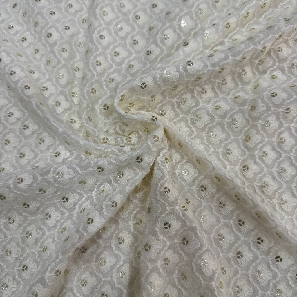 White Dyeable Lakhnavi Floral Embroidered Viscose Georgette Fabric