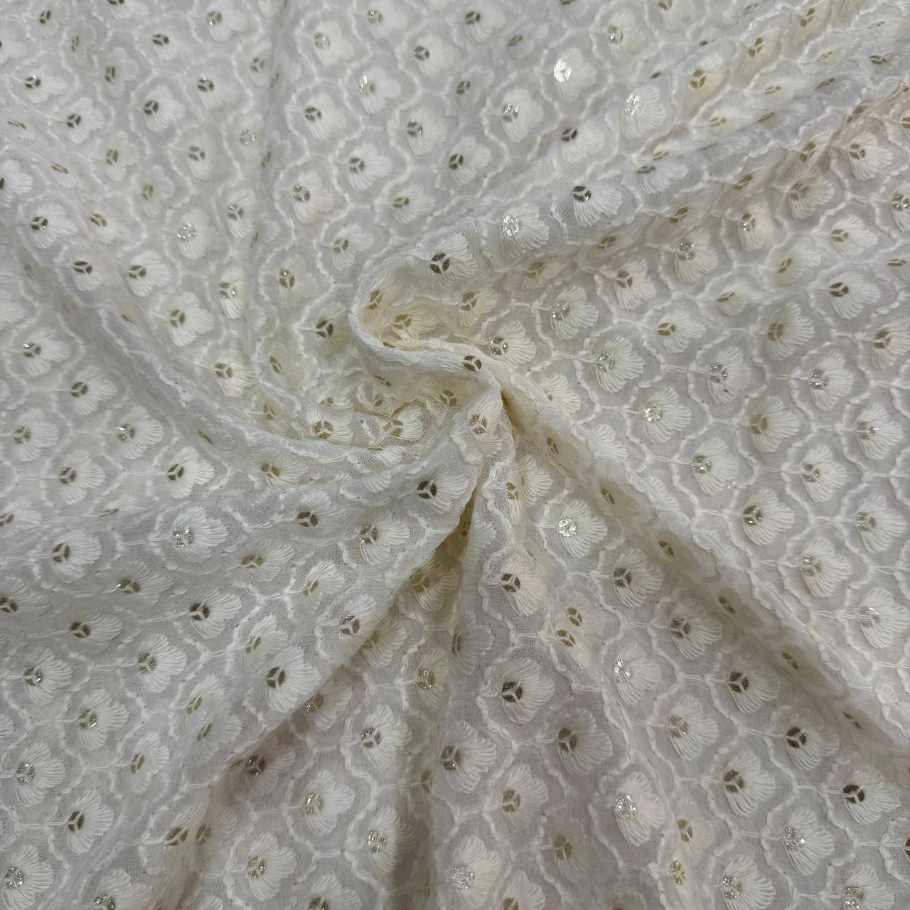 White Dyeable Lakhnavi Floral Embroidered Viscose Georgette Fabric