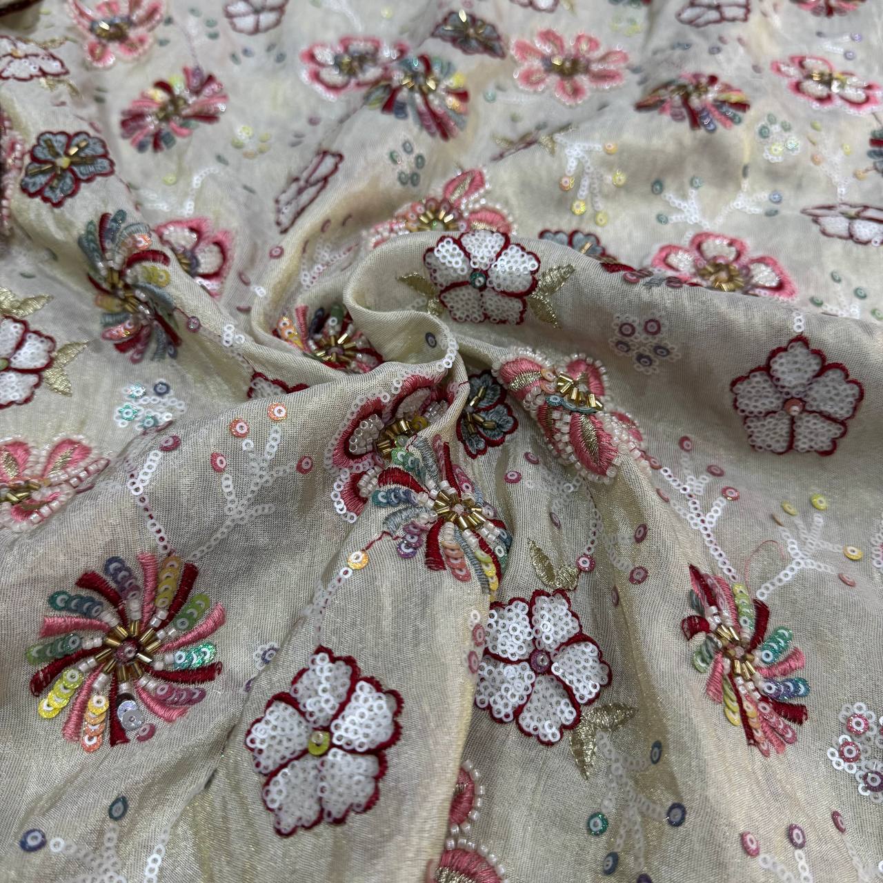 White & Golden Multicolor Beads Handwork Dyeable Viscose Tissue Silk Fabric