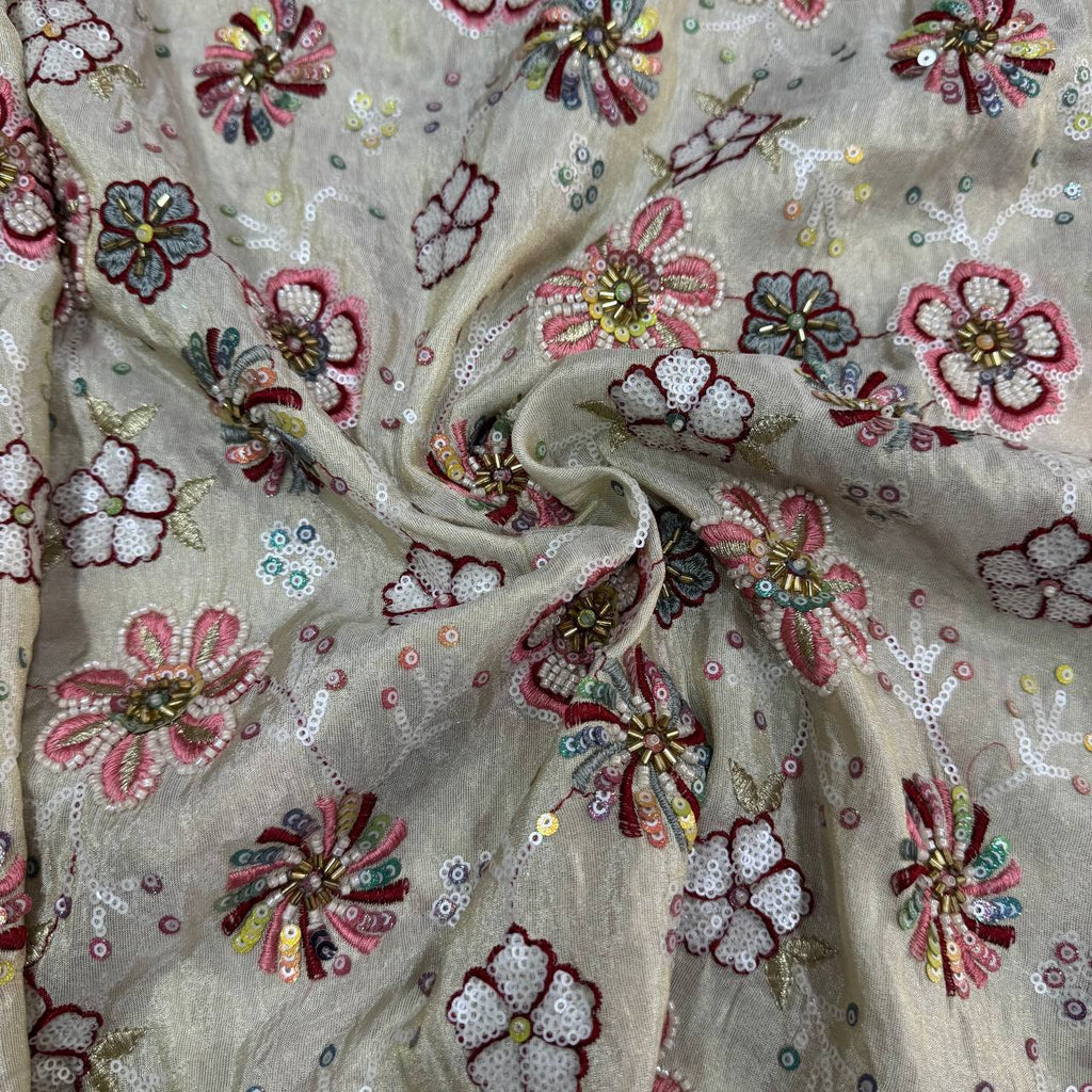 White & Golden Multicolor Beads Handwork Dyeable Viscose Tissue Silk Fabric