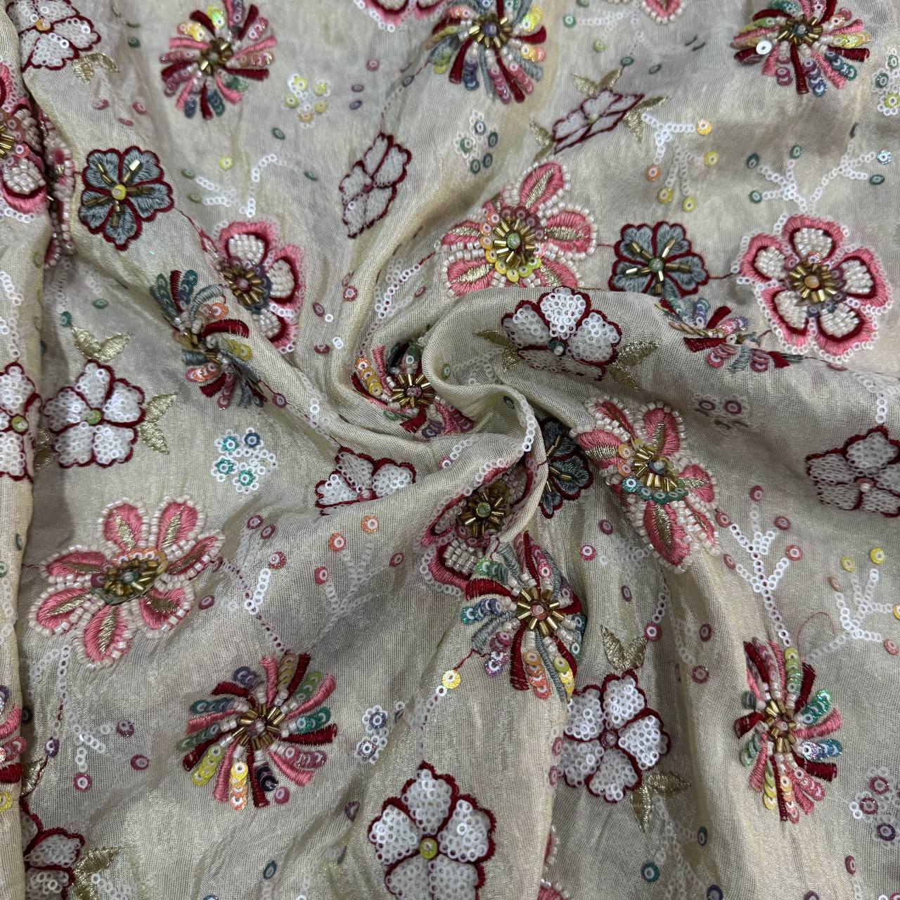 White & Golden Multicolor Beads Handwork Dyeable Viscose Tissue Silk Fabric
