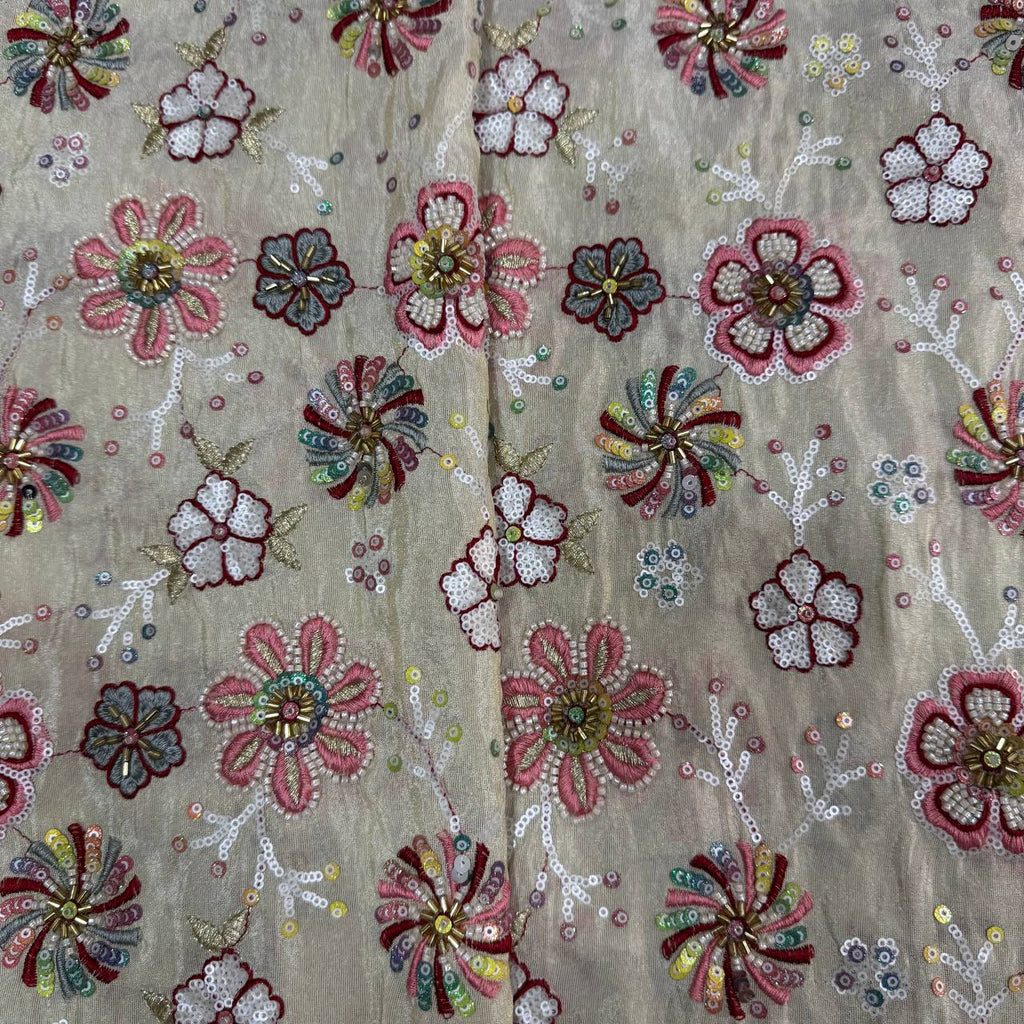 White & Golden Multicolor Beads Handwork Dyeable Viscose Tissue Silk Fabric