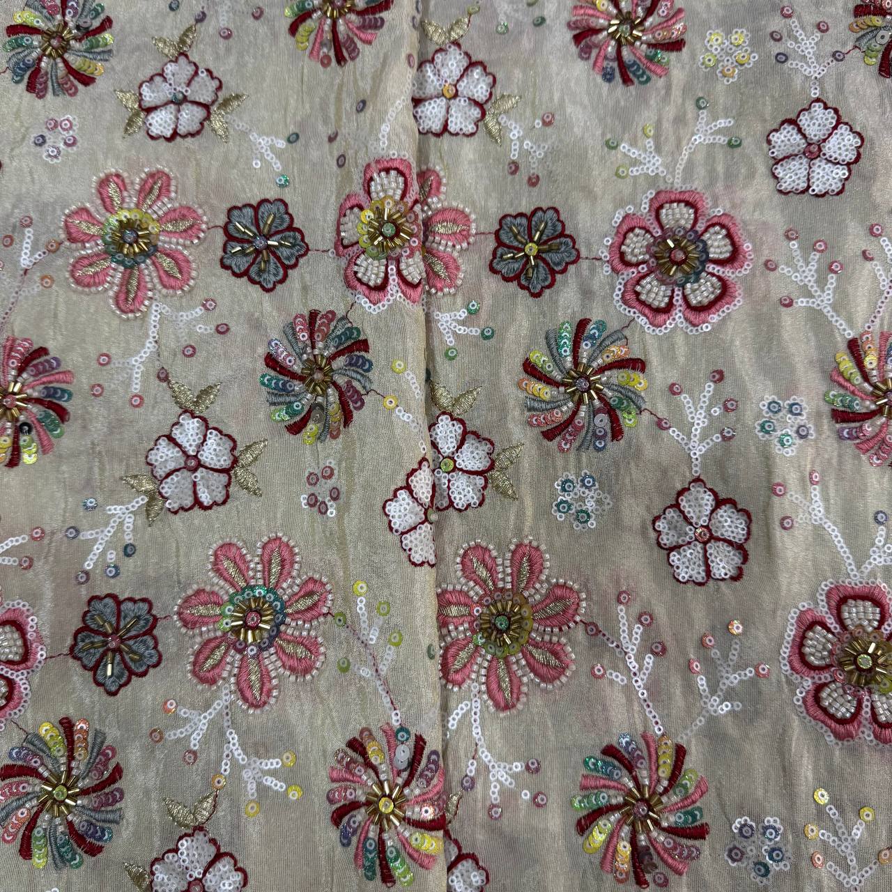 White & Golden Multicolor Beads Handwork Dyeable Viscose Tissue Silk Fabric