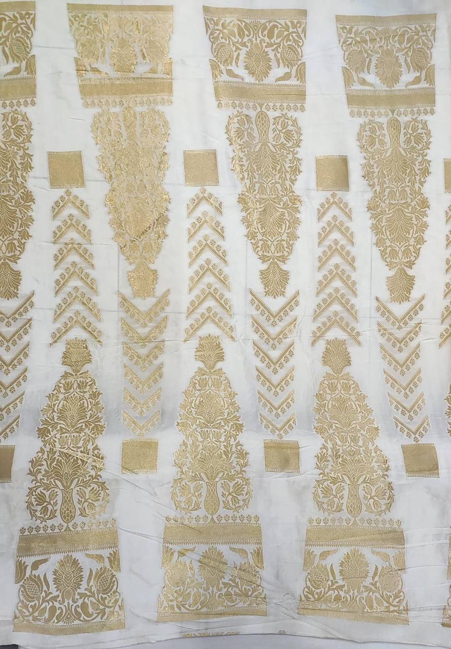 White & Golden Traditional Dyeable Banarasi Kali Russian Silk Fabric