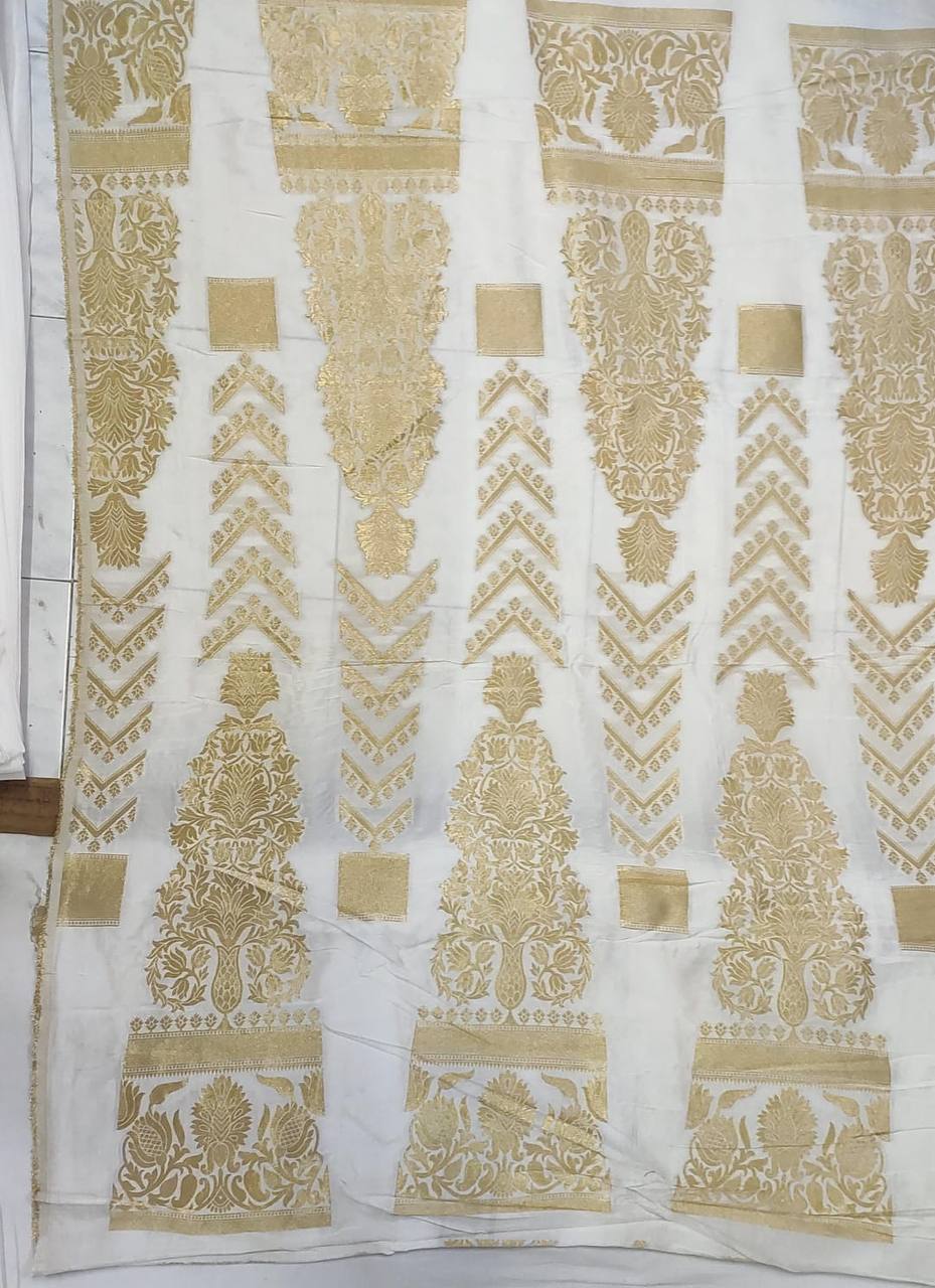 White & Golden Traditional Dyeable Banarasi Kali Russian Silk Fabric