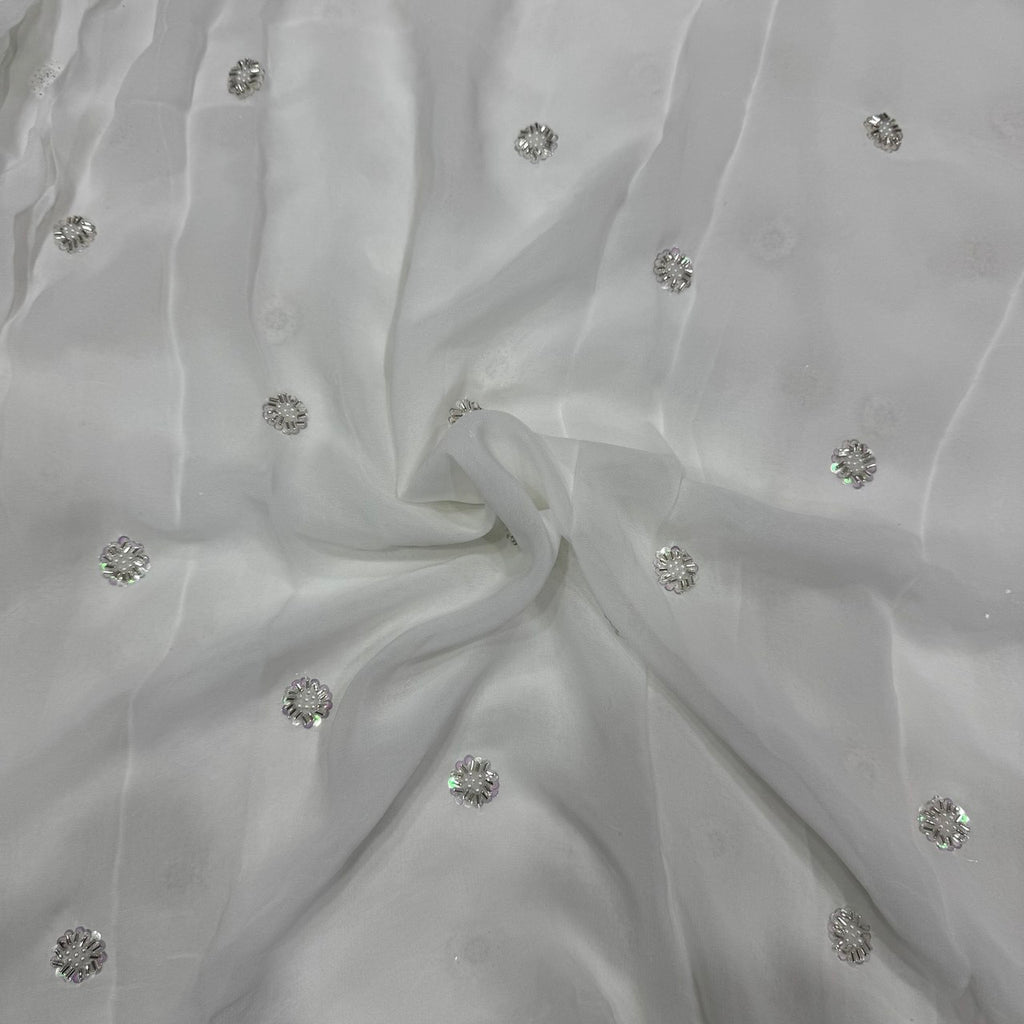 White Dyeable Sequins & Beads Embroidered Butti Work Viscose Georgette Fabric