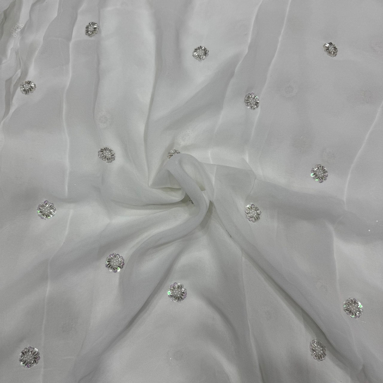 White Dyeable Sequins & Beads Embroidered Butti Work Viscose Georgette Fabric