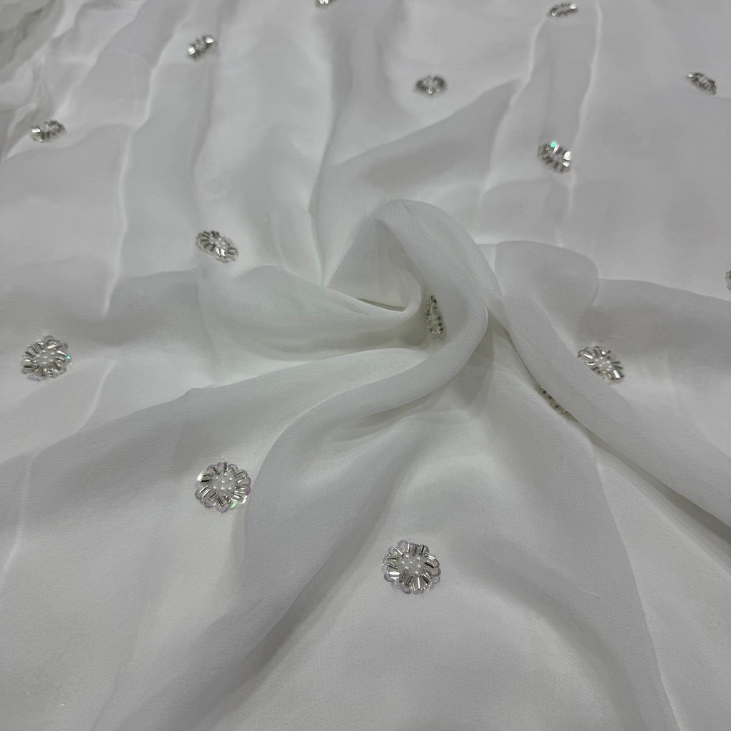 White Dyeable Sequins & Beads Embroidered Butti Work Viscose Georgette Fabric