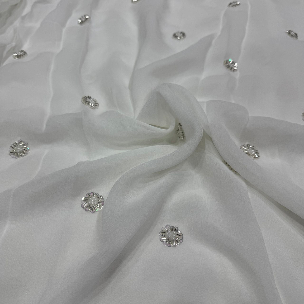 White Dyeable Sequins & Beads Embroidered Butti Work Viscose Georgette Fabric