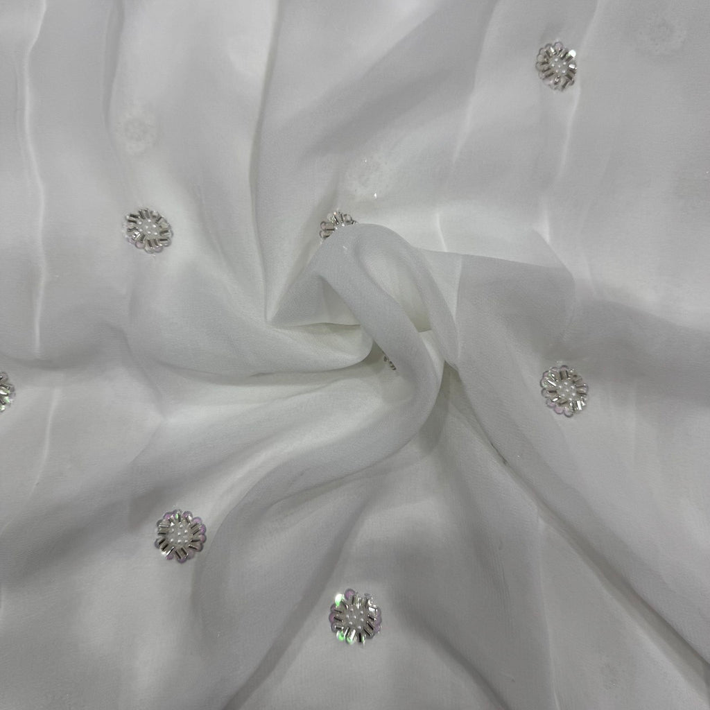 White Dyeable Sequins & Beads Embroidered Butti Work Viscose Georgette Fabric