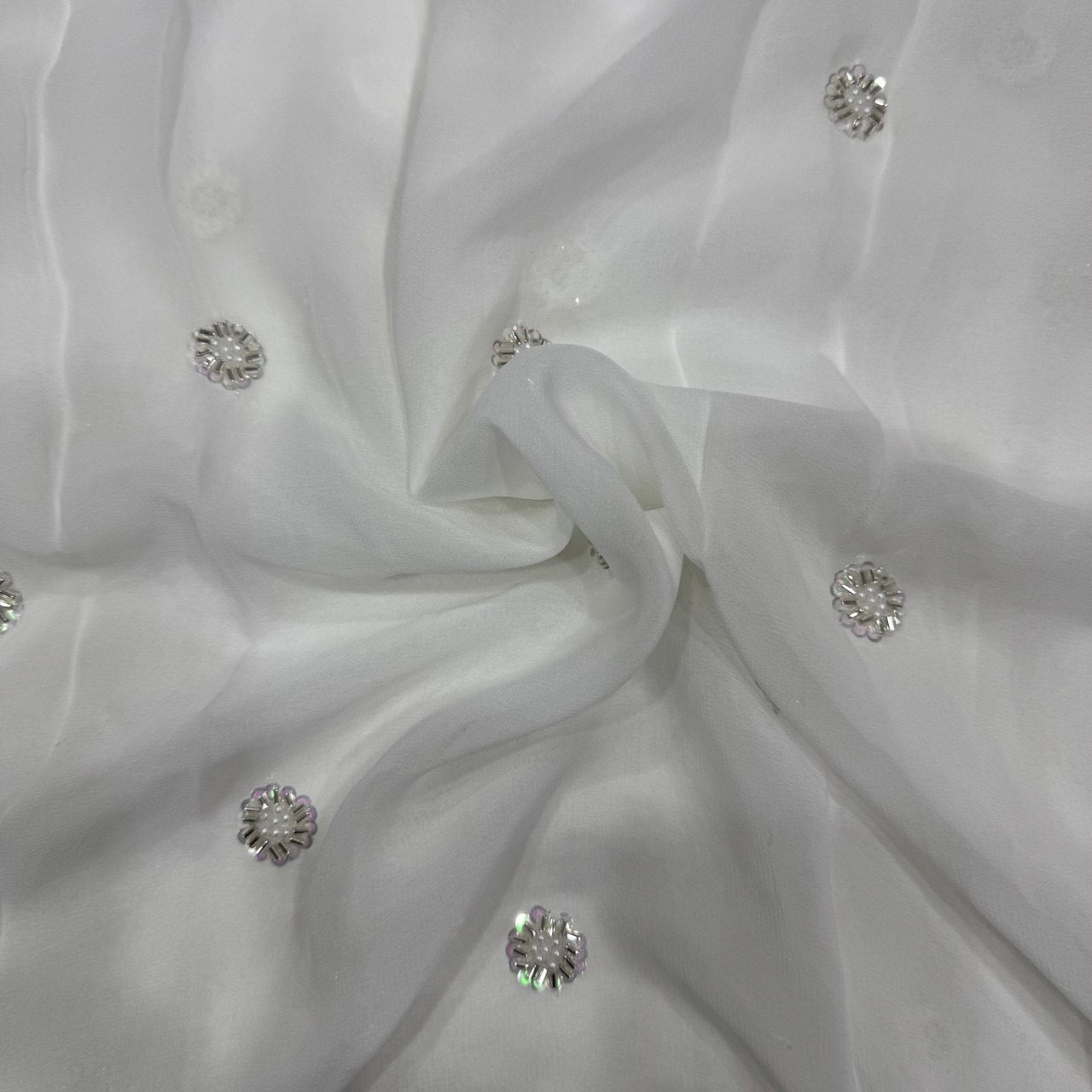 White Dyeable Sequins & Beads Embroidered Butti Work Viscose Georgette Fabric