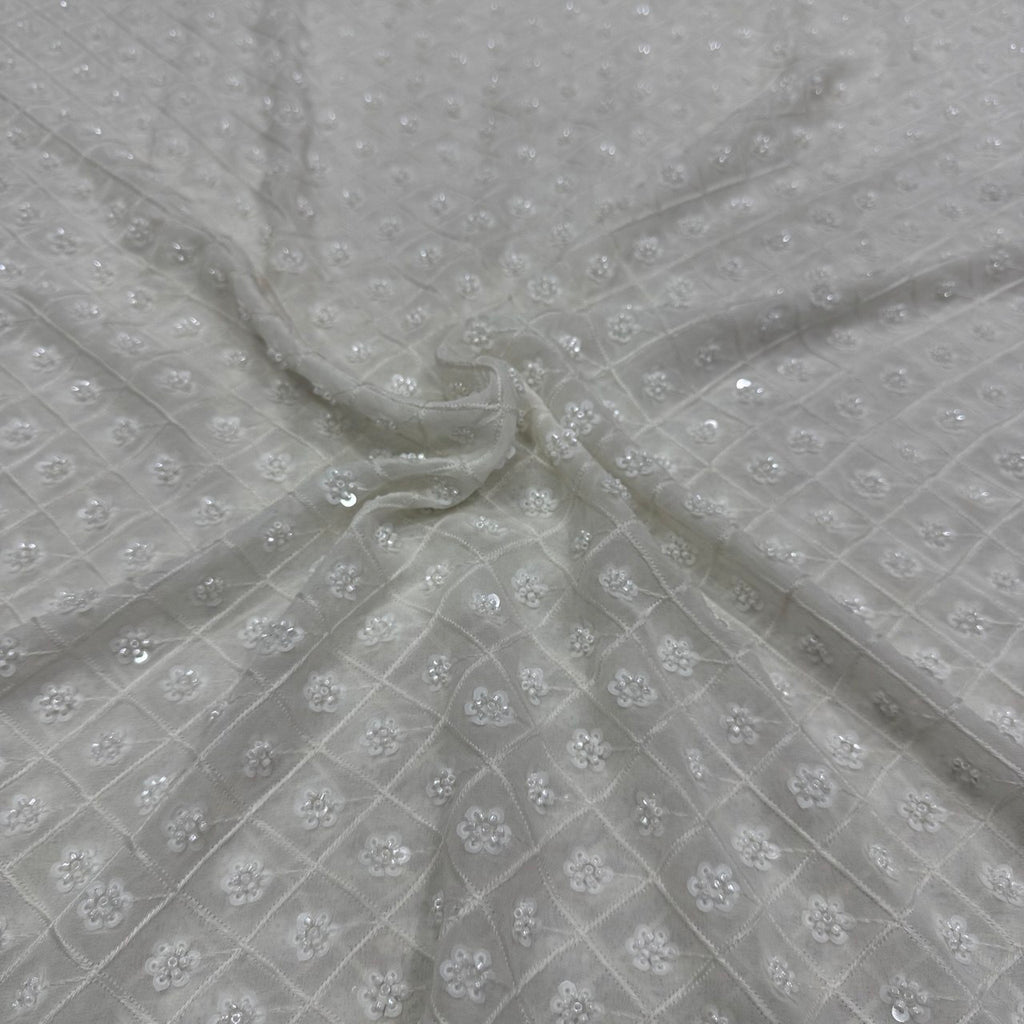 White Geometric Dyeable Sequins & Beads Embroidered Work Viscose Georgette Fabric