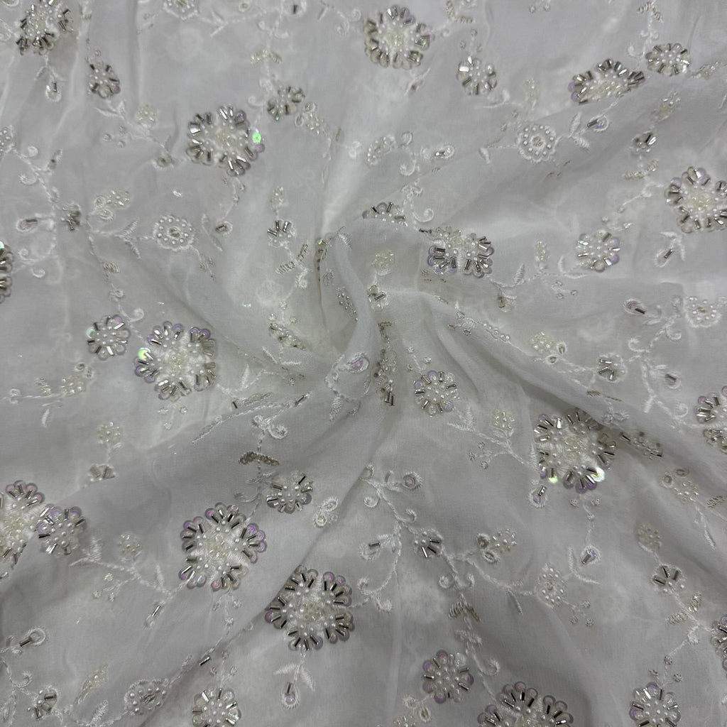 White Floral Dyeable Sequins & Beads Embroidered Heavy Hand Work Viscose Georgette Fabric