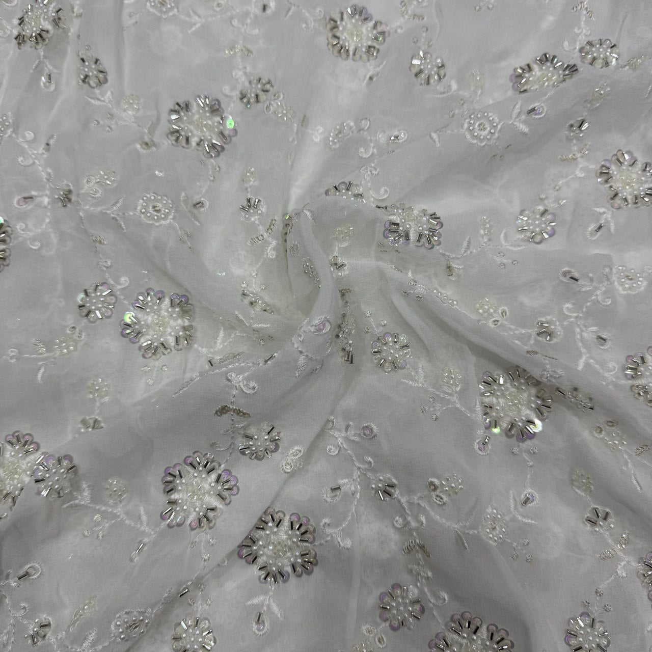 White Floral Dyeable Sequins & Beads Embroidered Heavy Hand Work Viscose Georgette Fabric