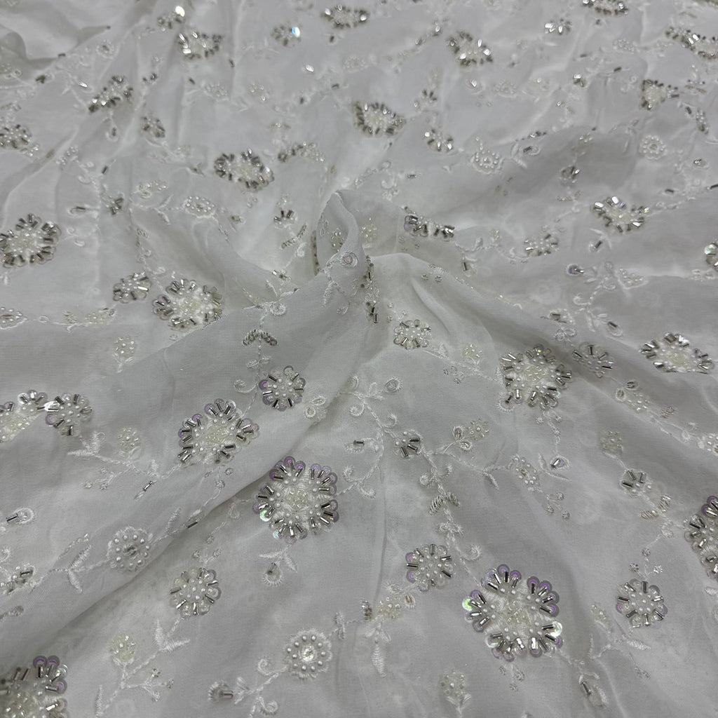 White Floral Dyeable Sequins & Beads Embroidered Heavy Hand Work Viscose Georgette Fabric