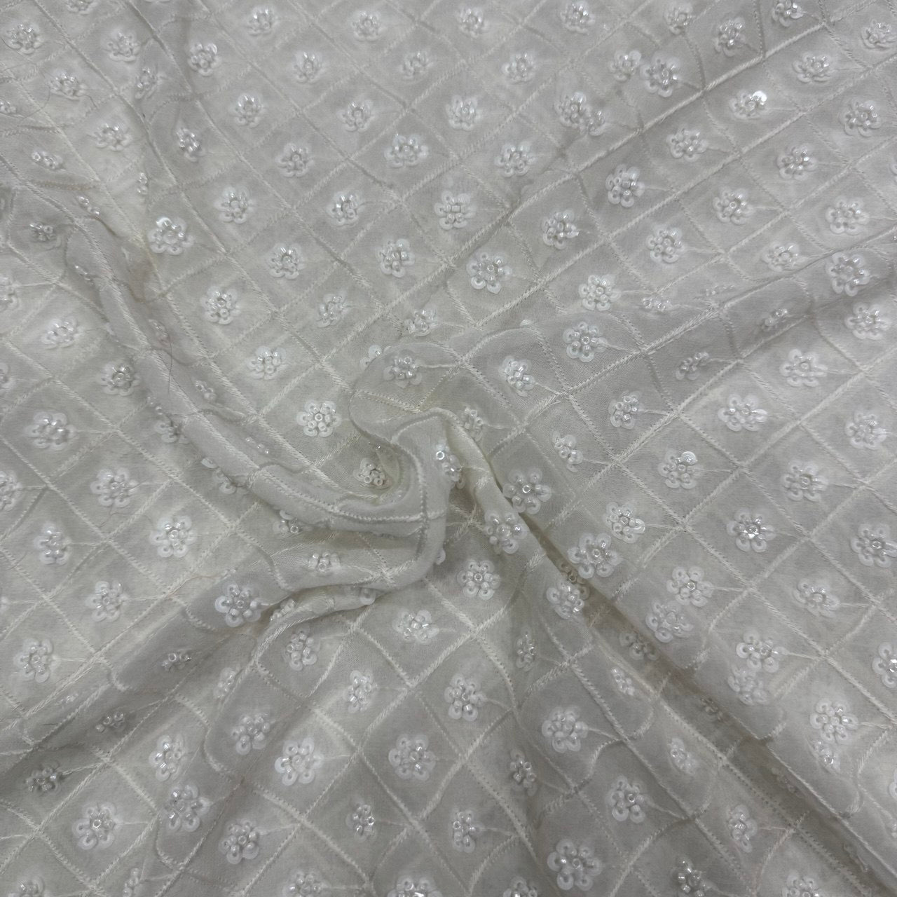 White Geometric Dyeable Sequins & Beads Embroidered Work Viscose Georgette Fabric