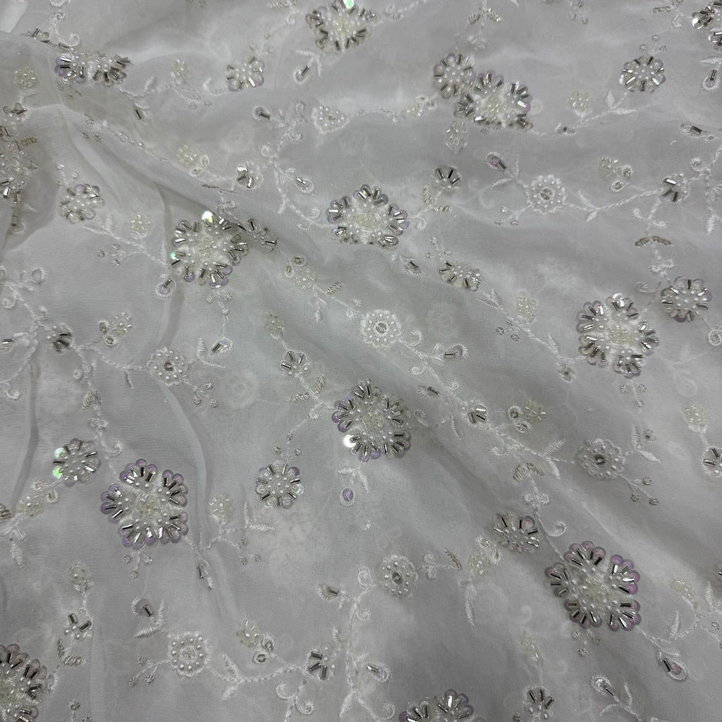 White Floral Dyeable Sequins & Beads Embroidered Heavy Hand Work Viscose Georgette Fabric