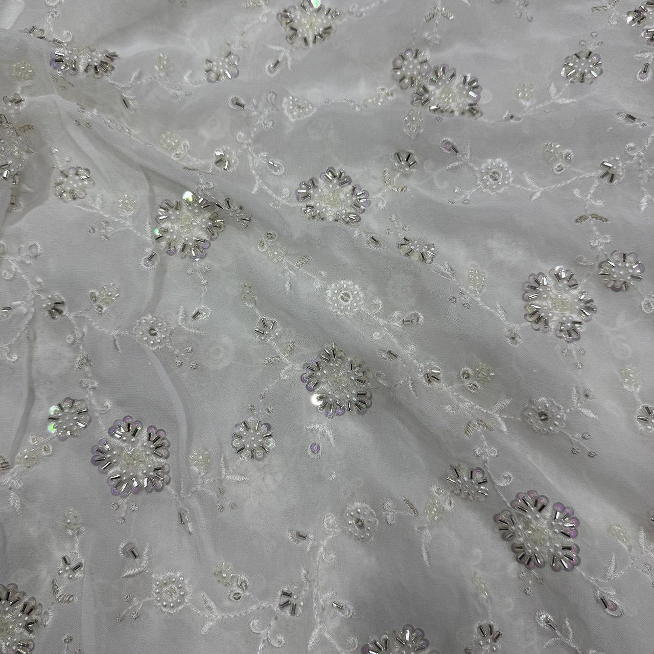 White Floral Dyeable Sequins & Beads Embroidered Heavy Hand Work Viscose Georgette Fabric
