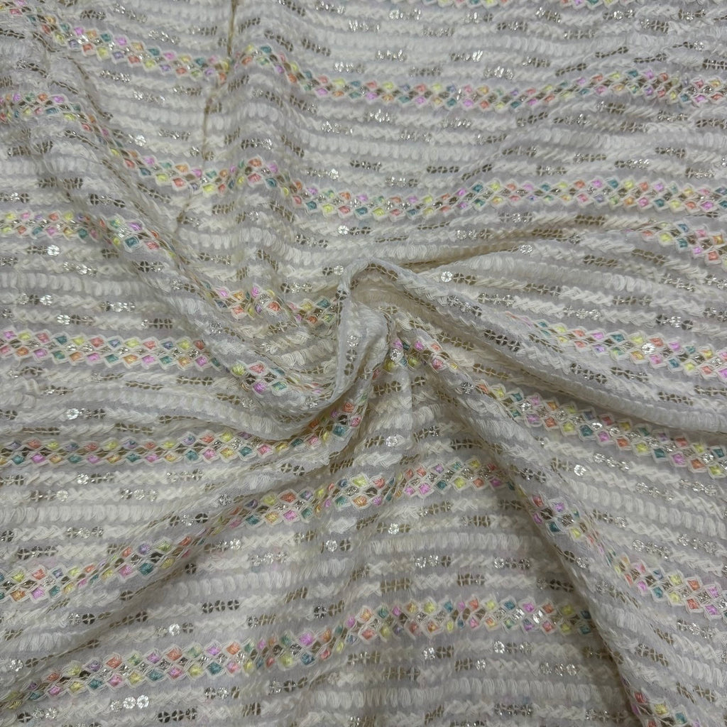 White Dyeable Lakhnavi Stripes Embroidered Viscose Georgette Fabric