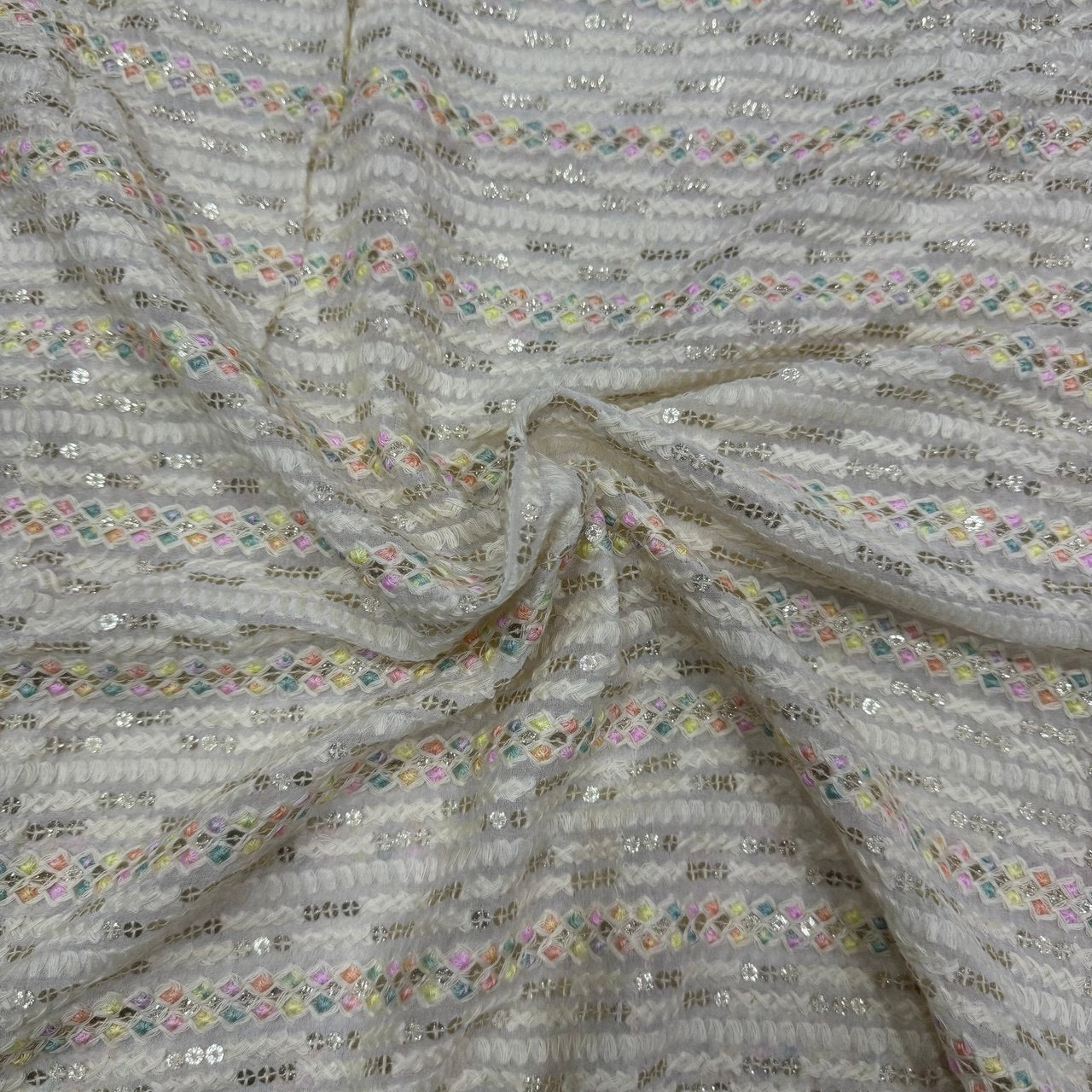 White Dyeable Lakhnavi Stripes Embroidered Viscose Georgette Fabric