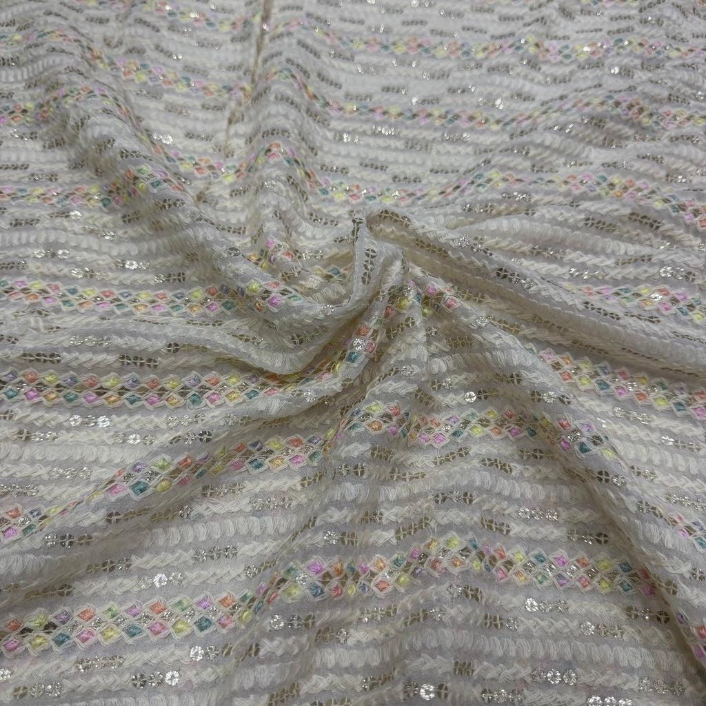 White Dyeable Lakhnavi Stripes Embroidered Viscose Georgette Fabric
