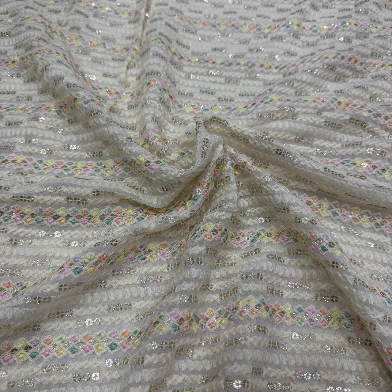 White Dyeable Lakhnavi Stripes Embroidered Viscose Georgette Fabric
