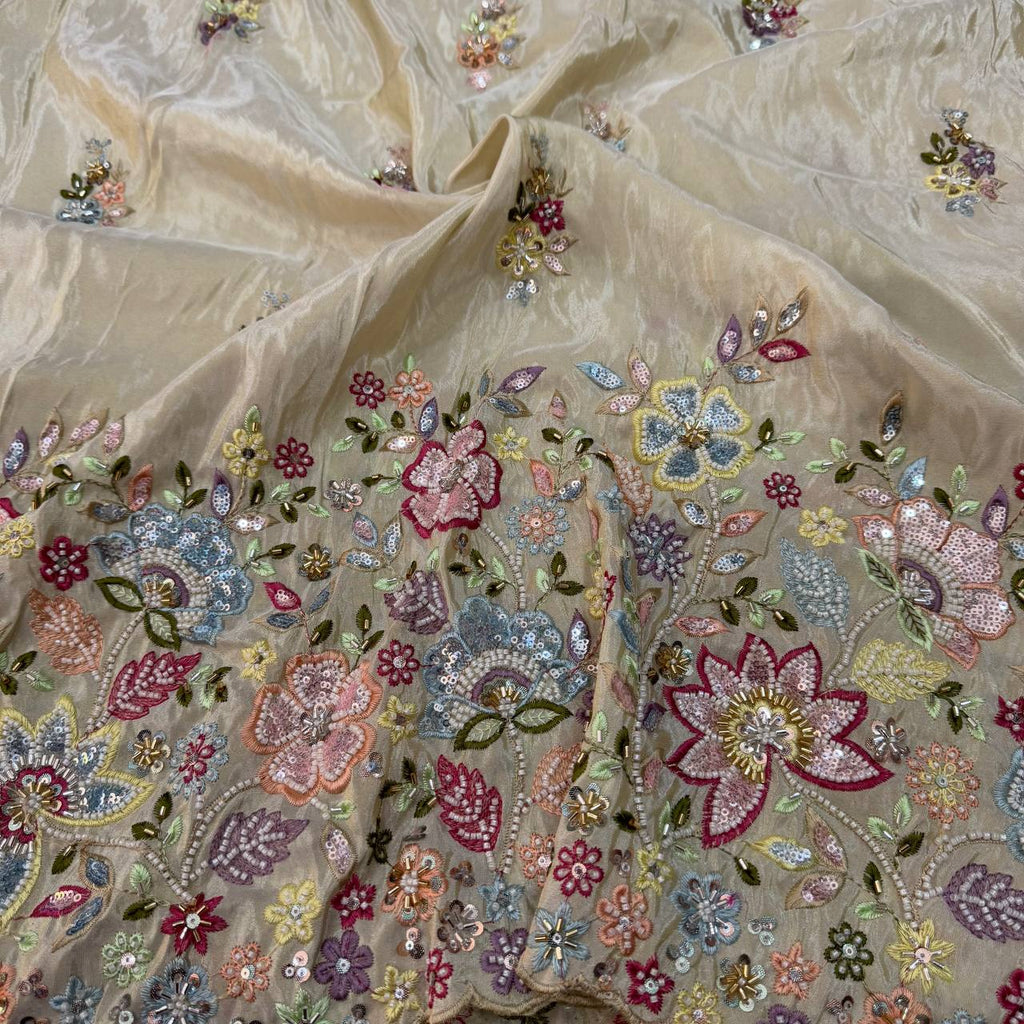 White & Golden Multicolor Beads Panel Handwork Dyeable Viscose Tissue Silk Fabric