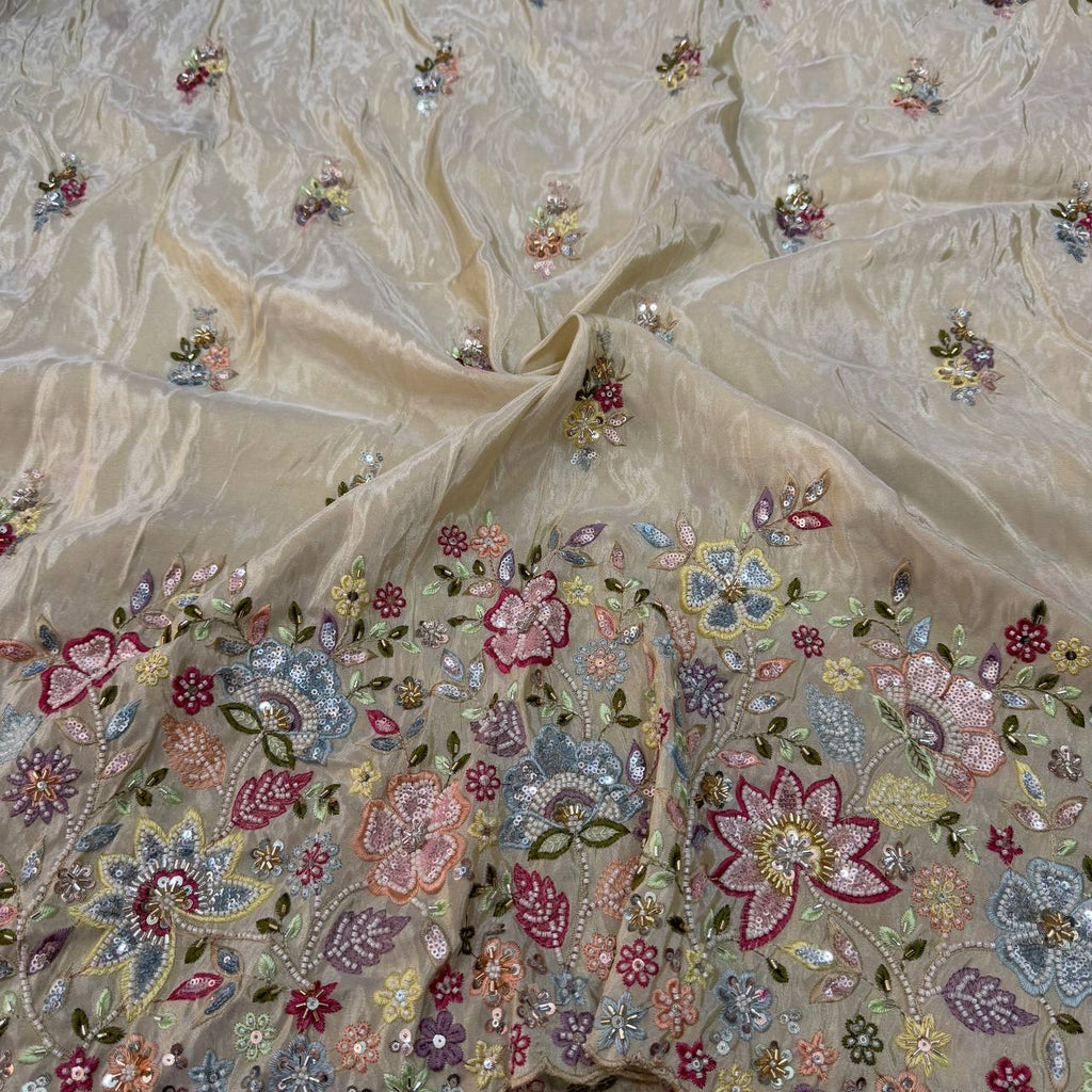 White & Golden Multicolor Beads Panel Handwork Dyeable Viscose Tissue Silk Fabric