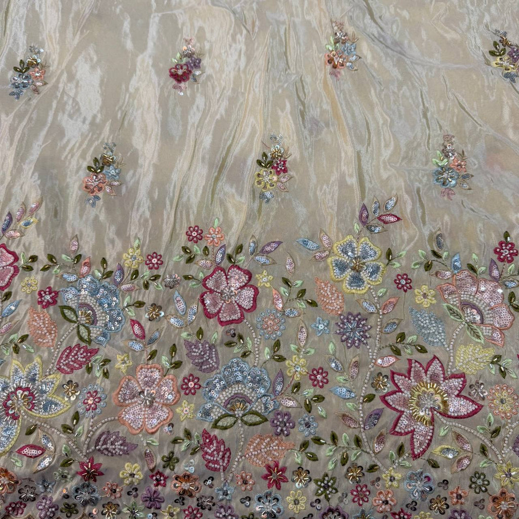 White & Golden Multicolor Beads Panel Handwork Dyeable Viscose Tissue Silk Fabric
