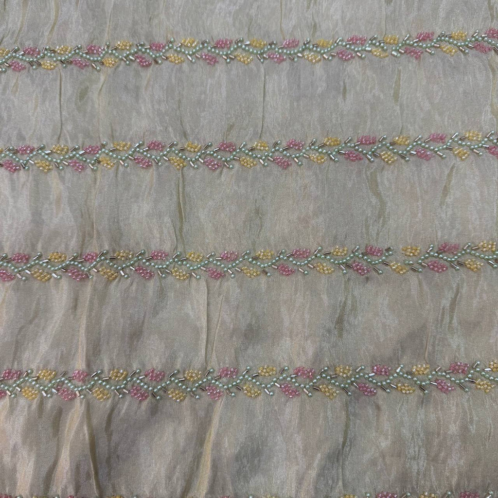 White & Golden Multicolor Stripes Beads Handwork Dyeable Embroidered Viscose Tissue Silk Fabric