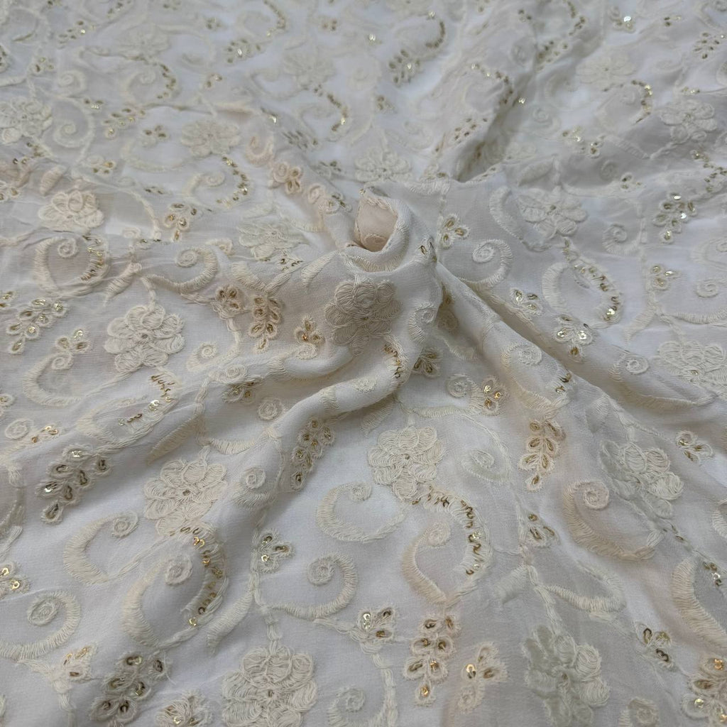 White Dyeable Lakhnavi Floral Embroidered Viscose Georgette Fabric