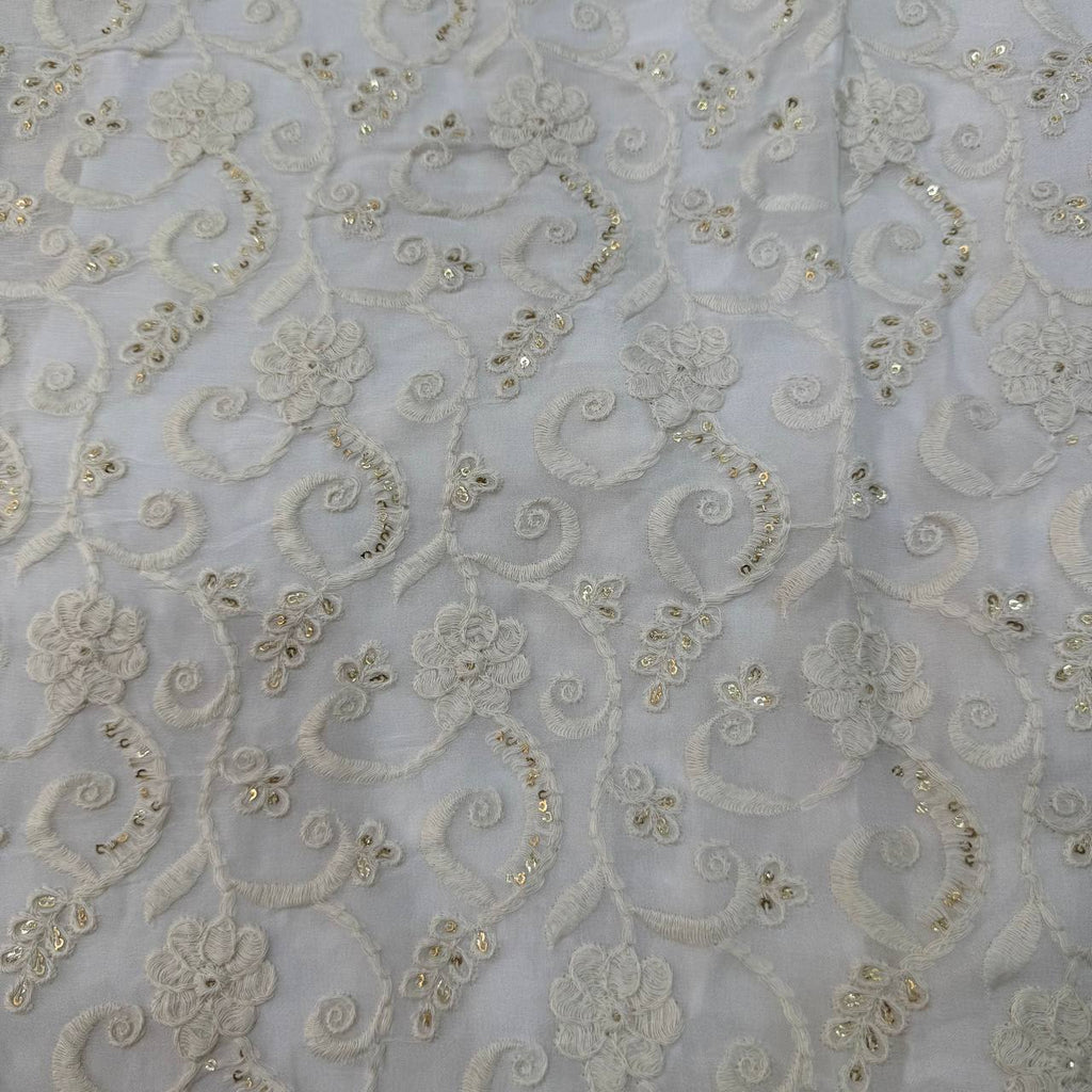 White Dyeable Lakhnavi Floral Embroidered Viscose Georgette Fabric
