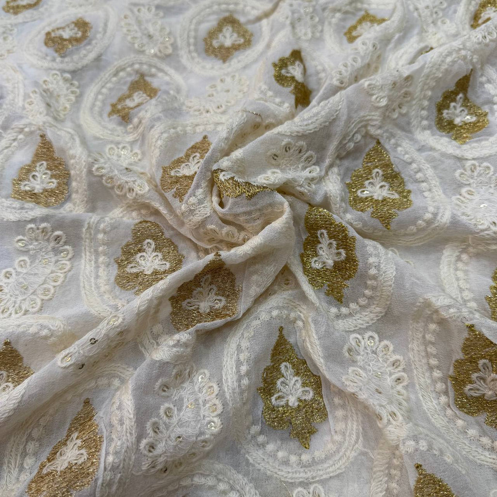 White Dyeable Lakhnavi Embroidered Viscose Georgette Fabric